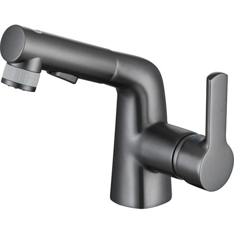 Miscelatore da Bagno con doccetta Estraibile rubinetti per lavabo Doppia modalità Acqua Calda e Fredda Rubinetto Miscelatore lavabo monocomando a Scomparsa per Bagno,Nero opaco e grigio (1/5)