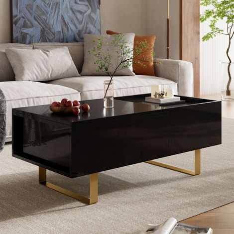 Table basse relevable hydraulique 100x50x54,5 cm,coffre caché,1 tiroir,MDF brillant,pieds en fer doré (1/5)