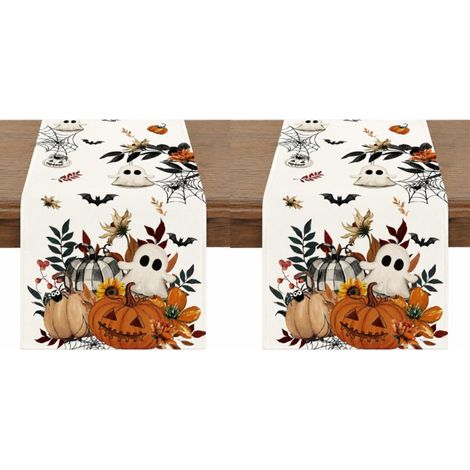 Camino de mesa de Halloween de 33 x 183 cm con calabazas, fantasmas, telarañas y motivos florales para decorar tu mesa. (2 piezas) (1/5)