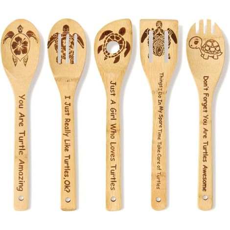 Lot de 5 Cuillère en Bambou, Motif Tortue, Antiadhésif, Usile Cuisine, Cadeau Homme Femme