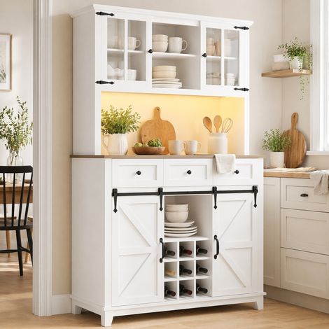 Buffet haut de cuisine 105 x 38,4 x 180 cm avec LED, portes vitrées et rangement blanc HAVRYA (1/5)