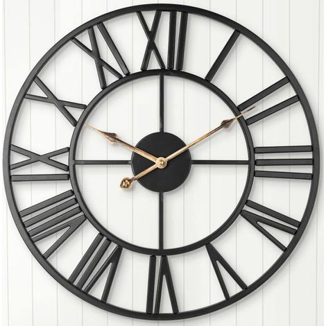 Horloge murale silencieuse, horloge vintage de ferme européenne avec chiffres romains, horloge décorative squelette en métal (1/4)