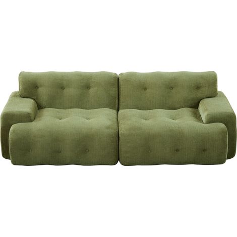 Divano 2 posti verde in ciniglia HOMVRA, design moderno, braccioli larghi e bottoni (1/5)