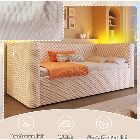 Cama dormitorio con almacenaje LED tapizada beige OKMYHOME (1/5)