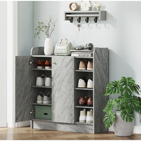 Scarpiera 83x30x90 cm per ingresso, capienza 12 paia, 2 ante e 4 nicchie, struttura stabile in legno grigio (1/5)