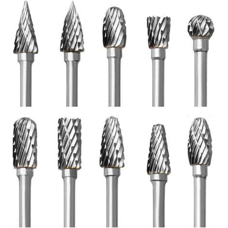 Jeu de Fraises Rotatives en Carbure, 10 pièces Double Coupe Fraises pour Dremel Accessoires avec Tige Sculpture sur bois, Perçage, Gravure, Polissage de Métal