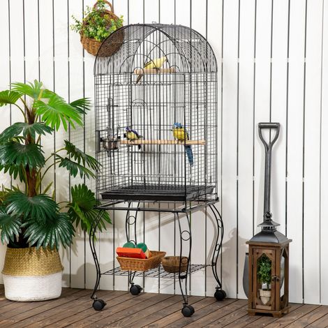 Gabbia per uccelli PawHut con supporto e ruote, gabbia in acciaio con vassoio rimovibile e 2 mangiatoie, 51x51x153 cm, nera