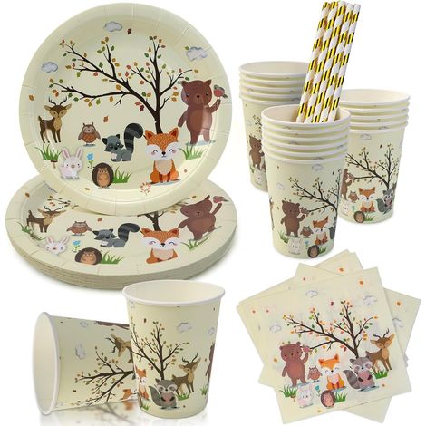 vaisselle pour fête sur le thème des animaux de la forêt, décoration d'anniversaire couverts comprenant assiettes, serviettes (1/5)