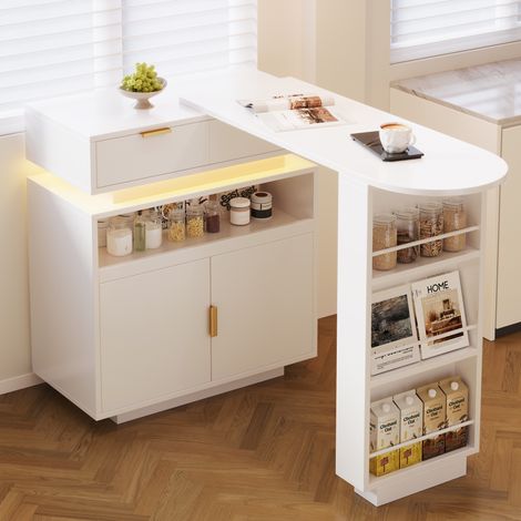 Barra cucina estensibile con contenitore, illuminazione LED, MDF bianco, 115-183 x 40 x 99,5 cm (1/5)