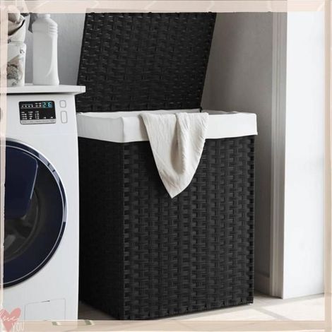 372032 Panier à linge avec couvercle noir 46x33x60 cm résine tressée (1/5)