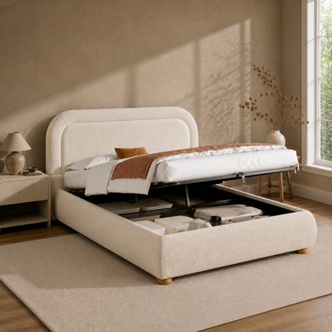 Lit à sommier tapissier, lit double 140x200 cm, lit fonctionnel hydraulique, lit avec sommier à lattes, tête de lit et grand espace de rangement, tête de lit rembourrée, beige bouclé (1/5)
