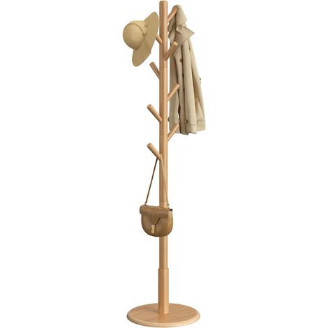Porte - manteau, cintre suspendu en bois, support vertical avec 8 crochets, pour manteau, chapeau, sac à bandoulière, pour xuanguan, couloir, matériau bois de hêtre, couleur bois brut (1/4)