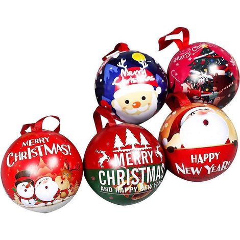 Lot de 5 boîtes rondes en fer pour Noël, en forme de boule, avec motifs aléatoires. Idéales pour la maison ou les boutiques. Ces boîtes à bonbons peuvent être suspendues pour décorer votre intérieur.- (1/3)