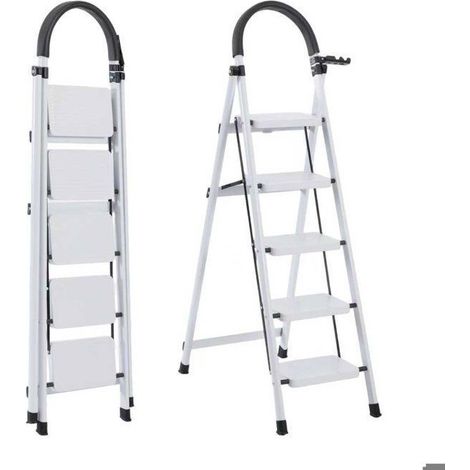 Sieben Komfort-Escabeau 5 Stufen-Klappbar mit Antirutsch-Pedal-74×47×139cm-150KG Stabile Leiter aus Stahl-Weiß (1/5)