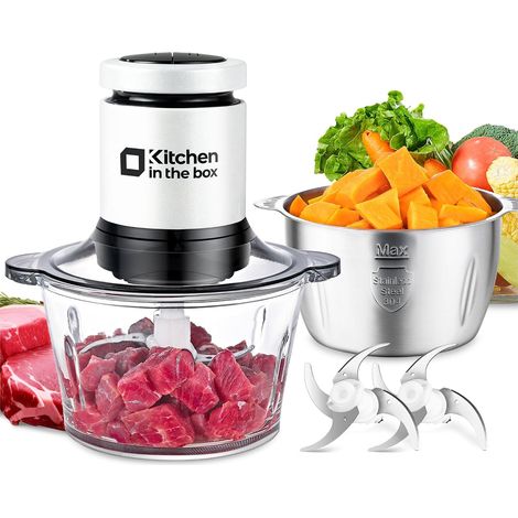 Hachoir Électrique 400W 2 Bols 2L Verre/Inox Blanc hachoir à viande 400W avec 2 bols 2L verre et inox, lames bi-niveau pour viande, légumes, fruits et oignons (1/5)