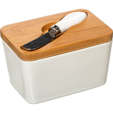 5Five Simply Smart – Maselka céramique avec couvercle en bambou et ciseaux – Dimensions 13,5 x 9,3 x 9 cm – Pour présentation esthétique du beurre (1/5)
