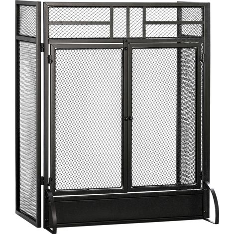 HOMCOM 3-Panel Folding Freestanding Fireplace Screen with Door Metal Mesh, Black (1/5)