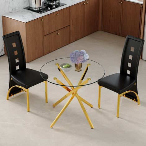 Ensemble Esstisch Und 2 Stühle, Platte Aus Gehärtetem Glas, Metallgestell, Schwarz Und Gold (1/5)