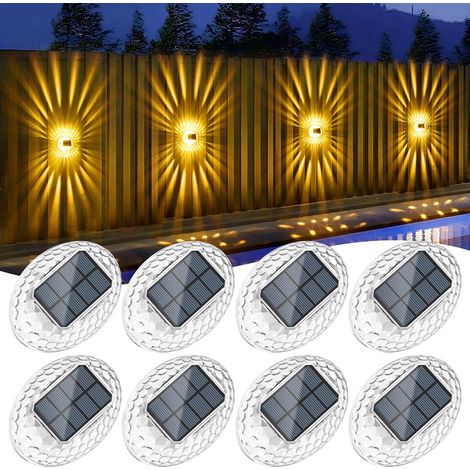 Applique Murale Exterieur Solaire Blanc Chaud Lot de 4, Lampe Solaire Exterieur avec Effet Lumineux à 360°, Solar Wall Lights, Eclairage Exterieur Solaire Pour Mur Terrasse Escalier Clôture