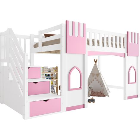 CHICFURN Letto soppalco bambino 90x200 cm in MDF e pino bianco e rosa con scala contenitore (1/5)