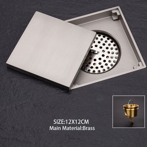 (12 INV BrushedSilver)Brass Square Floor Drain, Size: 12CMX12CM 15X15CM, could used in bathroom, terrace, outdoor and etc. (1/4)