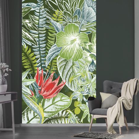 Papier peint intissé motif floral, fleurs rouges, feuillages et fleurs de la jungle tropicale, 250 cm X 150 cm. (1/2)