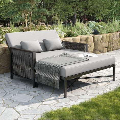 Tumbona de exterior doble de acero galvanizado y poliéster gris, respaldo ajustable 5 posiciones y reposapiés plegable (1/5)