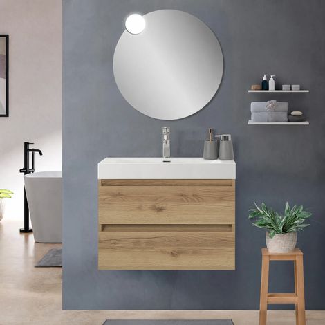 Mobile bagno sospeso 100 cm quercia naturale con due cassetti e lavabo alto in resina Leda (1/5)