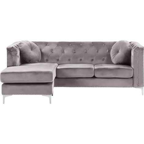 Sofá esquinero tapizado en terciopelo gris 3 plazas con forma de L versión derecha cojines adicionales con mechones decorativos Flen