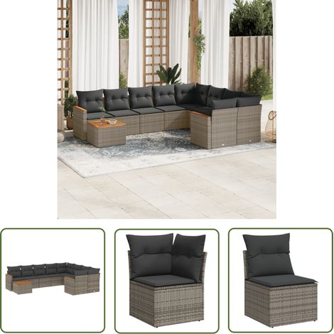 The Living Store 10-tlg. Garten-Sofagarnitur mit Kissen Grau Poly Rattan - Gartenmöbel Set - Esszimmergarnitur - Outdoor Möbel - Lounge Garnitur - Rattan Gartenmöbel (1/5)