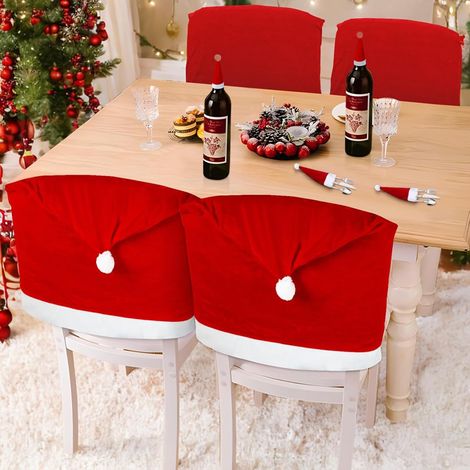 4 protège-chaises pour Noël, extensibles, amovibles et lavables, à la forme de chapeau de Père Noël, protecteur de siège de chaise rouge pour décoration intérieure de maison, cérémonie, banquet (1/4)