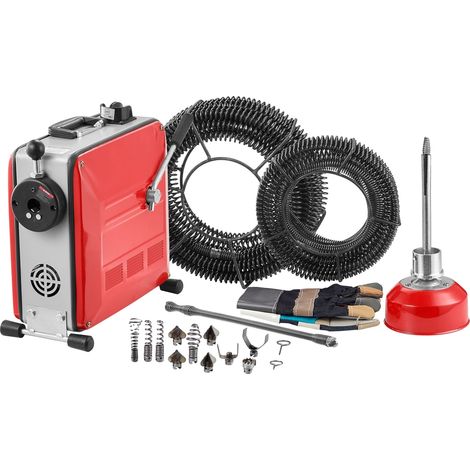 Máquina desatascadora VEVOR, 850 W, 21 mA, 1400 RPM, cable de acero de 40 m x 16 mm, cable de 5 m x 9,5 mm, cable de 0,4 m x 12 mm, 6 cuchillas, mangueras de 50-110 mm. (1/2)