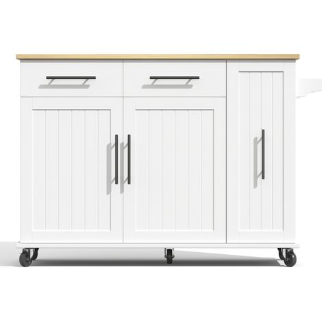 Isola da cucina su ruote con ribalta, MDF bianco e naturale, 2 cassetti (1/5)