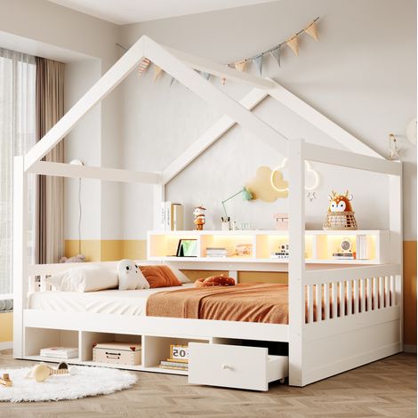 Hausbett 140x200 cm Weiß Holz mit Stauraum, LED, platzsparend, ohne Matratze – MEUBLIV (1/5)