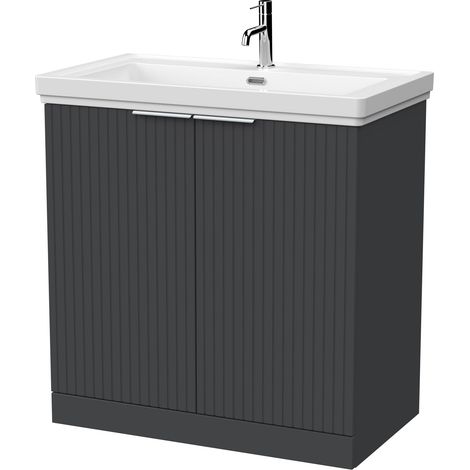 Callingwood Contemporary Floor Standing 2 Door Vanity Unit with Traditional 1 Tap Hole Fireclay Basin , 800mm, Dark Grey (1/4)