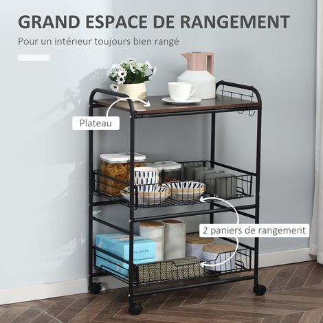 HOMCOM Desserte cuisine 3 niveaux chariot rangement roulettes 2 paniers extractibles étagère crochets 60x38x85,5 cm noyer