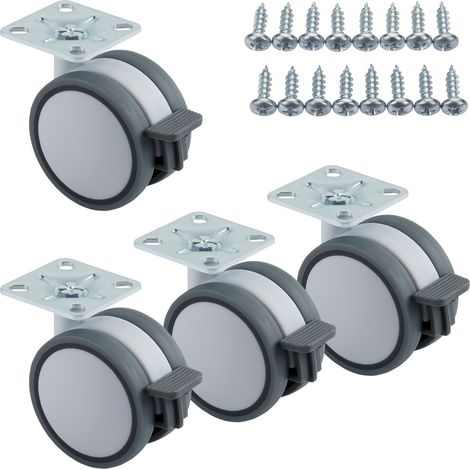 SOTECH 4er Set Möbelrolle Hamm Ø 63 mm Höhe 74,5 mm, weiß/grau, 35Kg Tragkraft, Anschraubplatte 47 x 47 mm, mit Bremse, Lenkrolle 360 Grad drehbar inkl. Befestigungsschrauben (1/5)