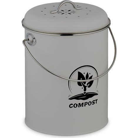 Relaxdays cubo compostaje cocina 5,5 L, tapa y filtro antiolor, residuos orgánicos, hierro gris