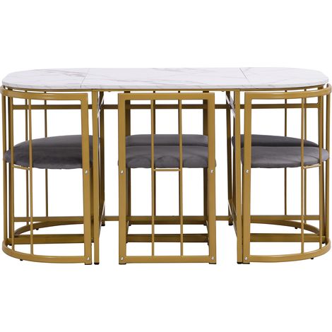 Ensemble table à manger blanche avec 6 chaises dorées et coussins gris en velours (1/5)