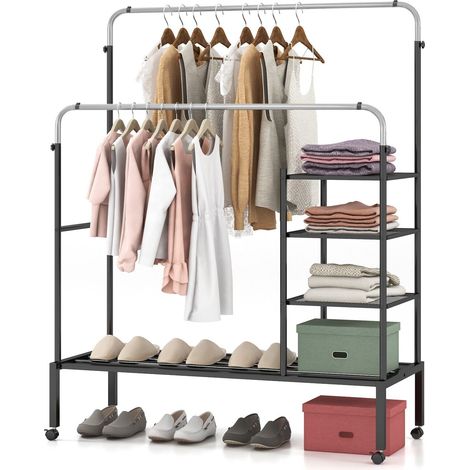 Rolling Clothes Drying Rack Adjustable Double Rods Garment Rack-Siliver (1/5)
