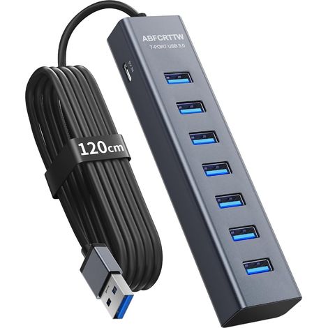 7 Port Hub USB 3.0 - Aluminium Hub USB avec 120cm Câble pour PC Bureau, USB Adaptateur Multiport avec USB 3.0 5Gbps, 5V 3A Type-C pour PC, Laptop, MacBook, MacBook, Souris, Clavier, Disque U etc (1/5)