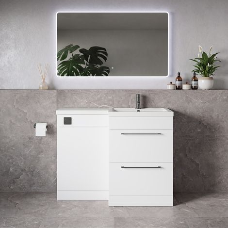 Napoli 390 Gloss White 1100mm 2 Drawer Vanity Unit Toilet Suite with Square Right Hand Lucia Basin - 1100mm - Gunmetal Grey 320mm HandleWithout Kingston Toilet Pan