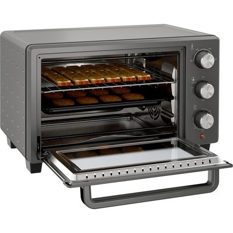Mini-four 21 L grille-pain, 3 modes cuisson, 100-230°C, grille métallique, plaque cuisson, acier inoxydable, verre, gris