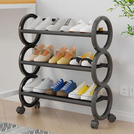 Étagère à chaussures empilable étagère de rangement, armoire à chaussures verticale, avec roulettes, adaptée aux couloirs et aux salons, 3 étages (noir) (1/5)