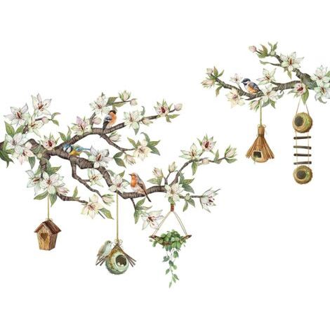 Stickers muraux Oiseau sur branche d'arbre Fleur Décoration d'intérieur Salon Chambre Multicolore Art Ornement Fenêtre Mur (1/5)