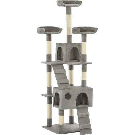 Árbol para gatos, diseño de tres niveles, dos casitas y rampas, verde militar. (1/2)
