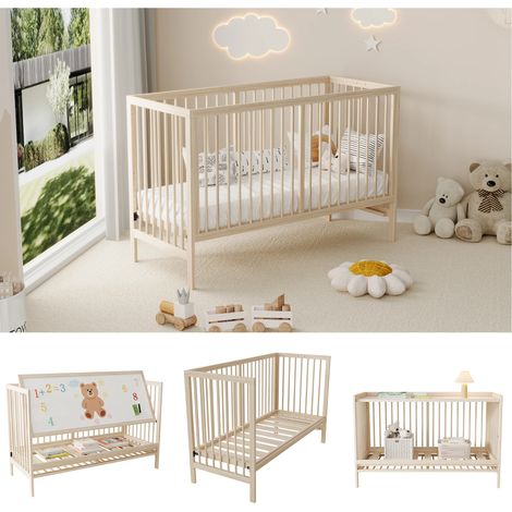 Holz-Babybett, Multifunktions-Babybett, umwandelbar in Beistellbett, Staffelei & Schreibtisch, mehrstufig höhenverstellbar, aus Kiefernholz, Naturholzfarbe, ohne Matratze, 120x60x90 cm