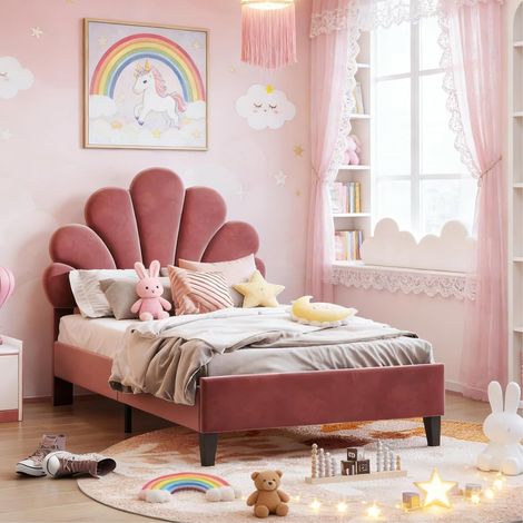 JOOKGBD–Letto per bambini 90x200 cm,Letto singolo,Letto principessa,Letto imbottito con testiera floreale,LED,Testiera regolabile,Rete a doghe,Velluto,Rosso