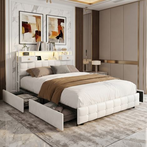 Lit avec tiroirs 140x200 cm en velours, lit adulte capitonné, 4 tiroirs latéraux + 2 tiroirs tête de lit, éclairage LED et port USB, sommier à lattes en bois - Beige