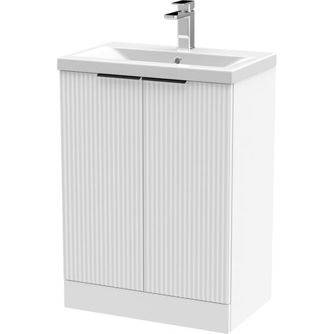 Fluted Front Floor Standing 2 Soft Close Door Bathroom Vanity Unit with 1 Tap Hole Basin, 600mm, Satin White, Black Handles (1/5)